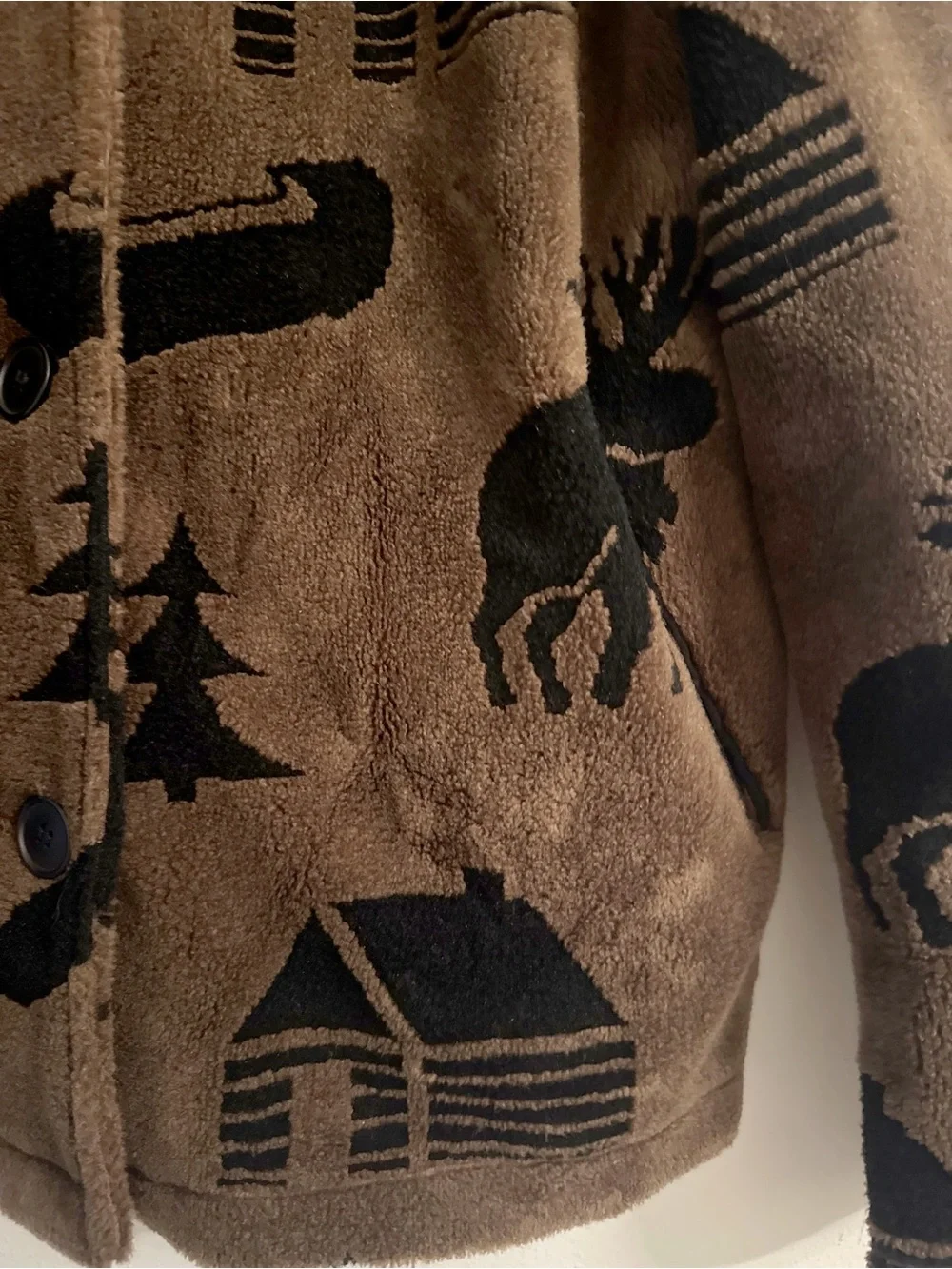 Vintage Lodge Cabin Moose Canoe Fleece Jacket Chenille Print Button Front Size L